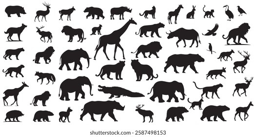 Diverse African Animal Wildlife Silhouettes Variety of Animals Mammals Vector Illustration on isolated white background