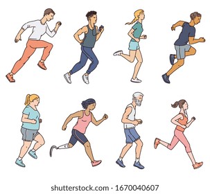 Diverse Age And Body Shape People Characters A Marathon Runners, Sketch Vector Illustrations Set Isolated On White Background. Healthy Lifestyle And Active Recreation.