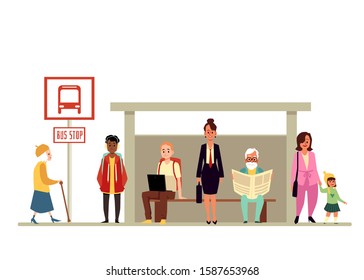 Diverse age and gender crowd of people cartoon characters waiting vehicle at bus stop, flat vector illustration isolated on white background. Passengers and transportation.