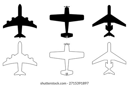 Diverse Flugzeug-Icon-Kollektion mit Jetliner Propeller Flugzeug und Drohne Vektor Silhouetten in solidem Schwarz und Umrissarten perfekt für Luftfahrt-Design-Elemente