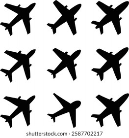 Diverse Airplane Silhouettes from Various Angles - Ideal for Aviation Graphic Designs.