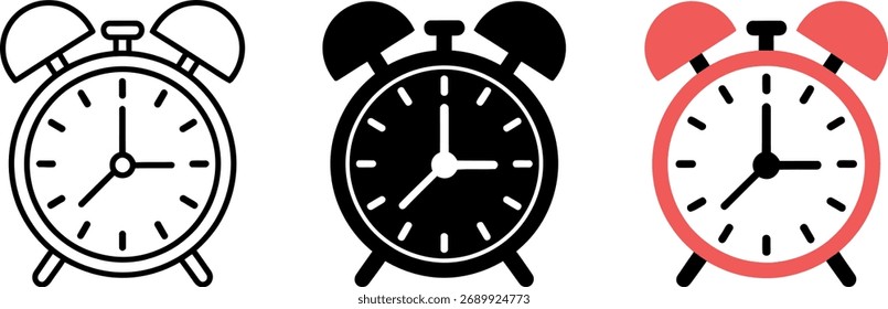 Diversos ícones de relógio de alarme que representam o gerenciamento de tempo e a percepção de prazos em diferentes estilos e cores