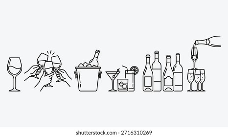 Diversa selección de bebidas alcohólicas en estilo de arte de línea para celebraciones o fiestas