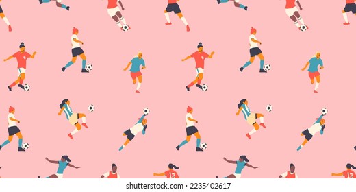 Diversos equipos de fútbol femenino dibujan un patrón sin fisuras. Colorida atleta de estilo retro jugando al fútbol. Impresión de competición femenina, ilustración de antecedentes deportivos. 