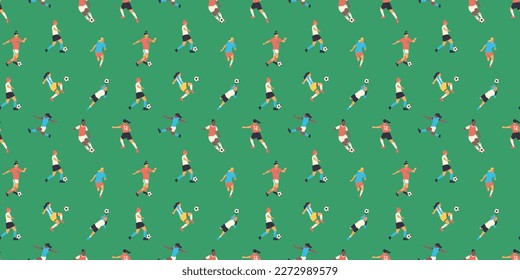 Diverse all women soccer player  team drawing seamless pattern. Colorful retro style female athlete playing football game. Woman competition print, sport background illustration. 