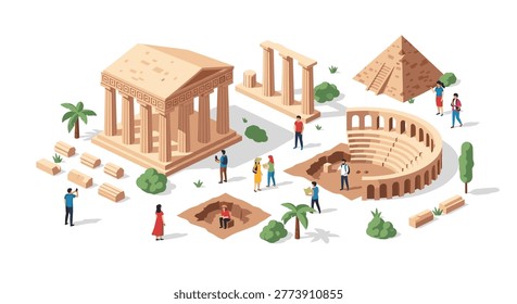 Diverse ancient architectural ruins like Greek temples, Roman amphitheaters, and Egyptian pyramids are displayed together with miniature people exploring them in an isometric view.