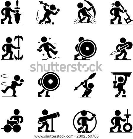 Diverse ancient and medieval battle actions depicted through minimalist silhouette icons showing warriors and weapons
