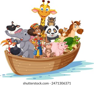 Diverse animals and a person on a boat