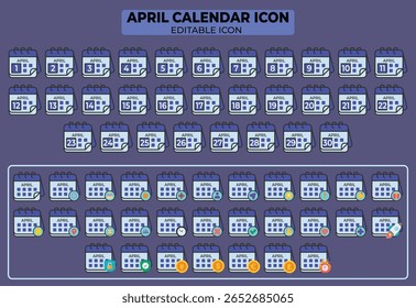 Diverso conjunto de iconos de calendario de abril, que ilustra el horario de un mes con marcadores de fecha simbólicos
