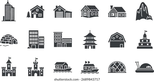 Diverse architectural icons representing various building types and structures