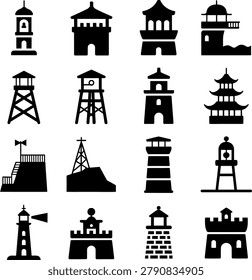 Diverse architectural and observation tower icons showcasing various cultural and functional designs in monochrome style