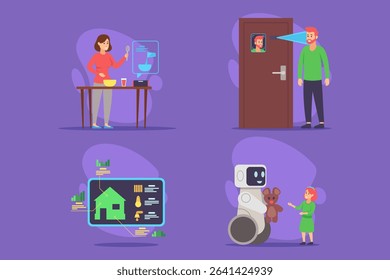 Diverse arrangement with various robotic interactions, including cooking assistance, greeting at door, home management, and playful engagement with children