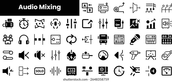 A diverse array of audio mixing icons, illustrating various elements of sound design and production. The icons feature minimalistic black designs on a white background.
