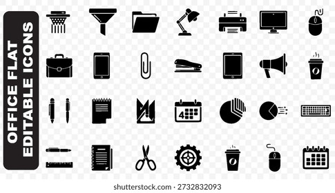 A diverse array of black, flat-design icons representing various office and business-related items, perfect for digital interfaces and presentations.