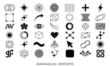 Diverse array of black and white geometric abstract shapes perfect for modern design projects. Includes interlocking rings, various star shapes, lotus flower, swirling spirals, dot patterns, plus signs, lightning bolts, squares, wavy lines, hexagonal patterns, eyes, curved lines, 3D cubes, jagged shapes, target symbols, and organic blobs. Suitable for backgrounds, logos, and graphic resources.