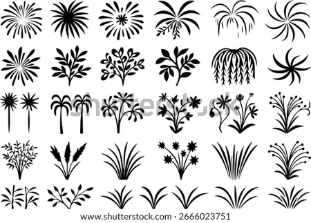 A diverse array of black and white graphic illustrations depicting various stylized plants, trees, and floral elements in a top-down or side view.