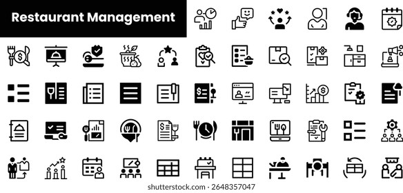A diverse array of black and white icons representing restaurant management, showcasing various tasks and elements involved in the food service industry.