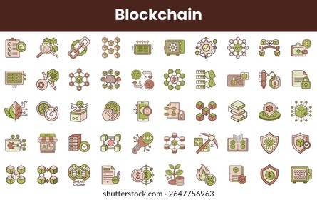 Uma variedade diversificada de ícones relacionados ao blockchain, apresentando elementos como correntes, escudos de segurança e gráficos, representando a essência da tecnologia digital e inovação.