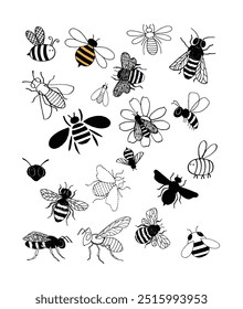 A diverse array of cartoon bees, featuring varied patterns, wings, and stripes, arranged on a plain backdrop.