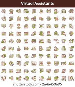 A diverse array of colorful icons representing various tasks and roles of virtual assistants, showcasing technology and support themes.