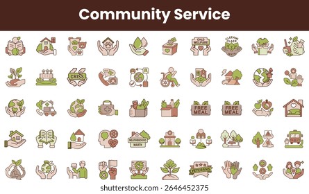 Uma variedade diversificada de ícones de serviços comunitários, descrevendo várias iniciativas como saúde, meio ambiente e suporte para veteranos em uma paleta de cores quentes.