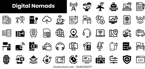 A diverse array of digital nomad icons showcasing technology and work tools, including laptops, coffee, and travel symbols, emphasizing the freedom of remote work.