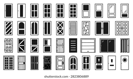 A diverse array of door designs and styles presented in a grid format, showcasing different architectural elements and patterns.