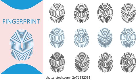 Uma variedade diversificada de ilustrações de impressões digitais, destacando padrões de cumeeira intrincados e identificadores exclusivos, perfeitos para temas de segurança, identidade e biometria.