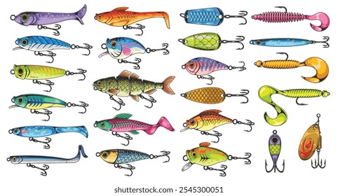 A diverse array of fishing lures shows vibrant designs and colors. Each lure is equipped with hooks showcasing various shapes and styles ideal for different fishing needs.