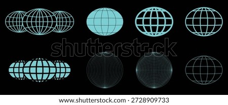Diverse array of glowing teal grid spheres and abstract digital globe representations on black