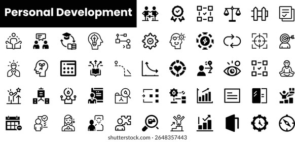 A diverse array of icons representing personal development themes, including teamwork, goal setting, and self-improvement symbols, perfect for motivational content.