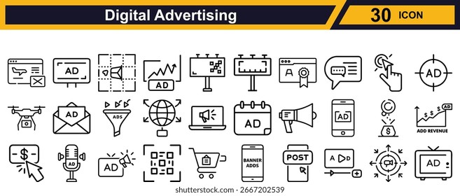 Una amplia gama de iconos que simbolizan la publicidad digital y las estrategias de marketing, incluidos los anuncios en línea, la promoción en redes sociales y el análisis de campañas para el crecimiento empresarial.