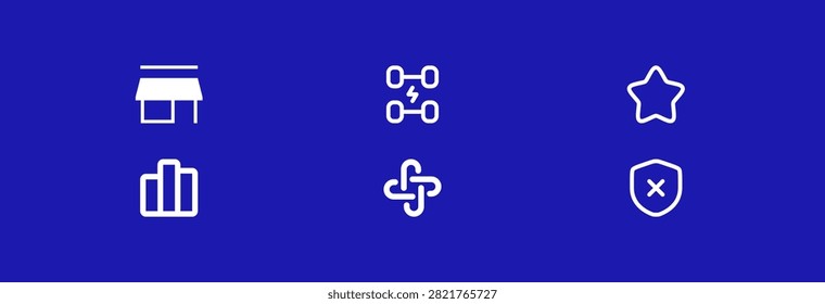 Diverse array of line art icons. A shop awning symbolizing retail, connected molecules representing chemistry or collaboration, a simple star denoting favorites or rating, a bar graph for data visualization, interlinked chain segments for connection or strength, and a shield with an 'X' mark for security failure or denial.