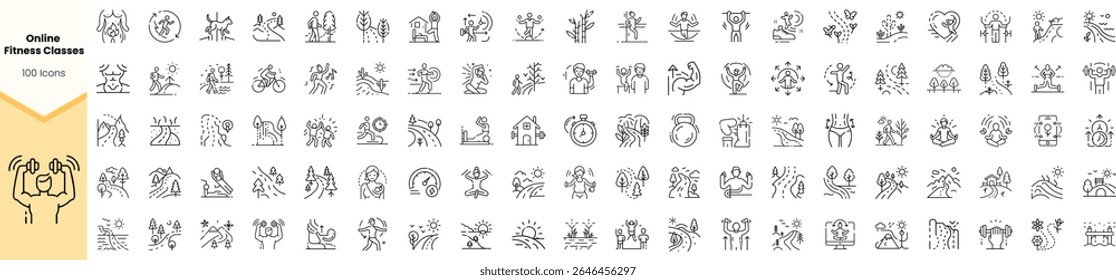 A diverse array of line art illustrations representing online fitness classes, showcasing different exercises, yoga poses, and healthy lifestyle activities.