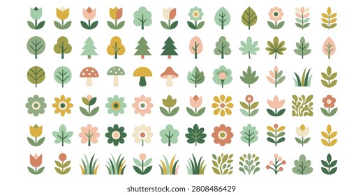 A diverse array of plant and flower icons in different styles and colors