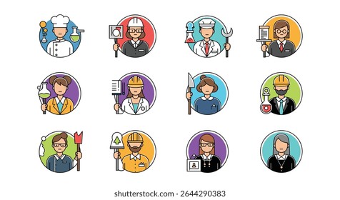 Diverse Array of Professional Person Icons Representing Various Occupations and Fields of Expertise