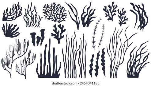 Diverse array of seaweed silhouettes for nautical themes, marine biology illustrations, and educational materials, offering a variety of shapes and sizes to enhance any ocean-related design.