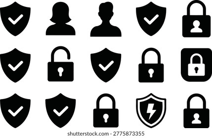 A diverse array of security related icons illustrating protection privacy authentication and access control for professional digital interfaces