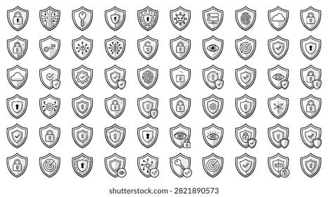 A diverse array of shield icons, each featuring unique symbols like locks, keys, and digital patterns, symbolizing various aspects of security and data protection.