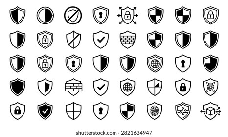 A diverse array of shield icons symbolizing security, protection, and safety in various digital and physical contexts.