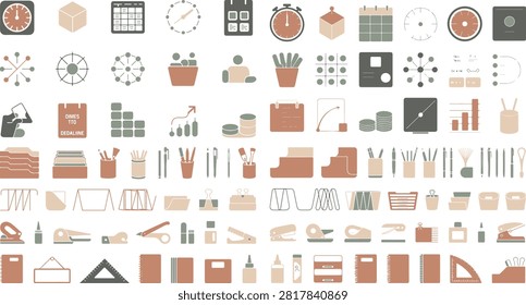 A diverse array of stationery items such as pens papers folders staplers rulers tape dispensers magnifying glasses and more office accessories arranged in an orderly manner