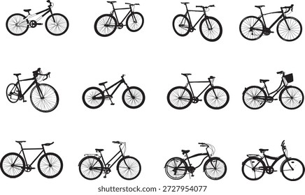 Um conjunto diversificado de doze imagens de silhueta preta de bicicletas é apresentado em um fundo branco. A coleção apresenta vários tipos de bicicletas, incluindo bicicletas de montanha com pneus, bicicletas de estrada elegantes, bicicletas de cruzador clássicas e bicicletas equipadas com cestas e racks. As silhuetas são mostradas de diferentes ângulos, mostrando os diferentes desenhos e características de cada tipo de bicicleta.