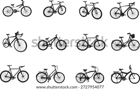 A diverse array of twelve black silhouette images of bicycles is presented on a white background. The collection features various types of bikes, including mountain bikes with knobby tires, sleek road bikes, classic cruiser bikes, and bicycles equipped with baskets and racks. The silhouettes are shown from different angles, showcasing the distinct designs and features of each bicycle type.