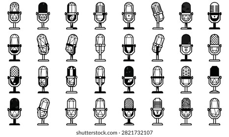 A diverse array of vintage microphone illustrations displayed in a grid pattern, all rendered in black and white.