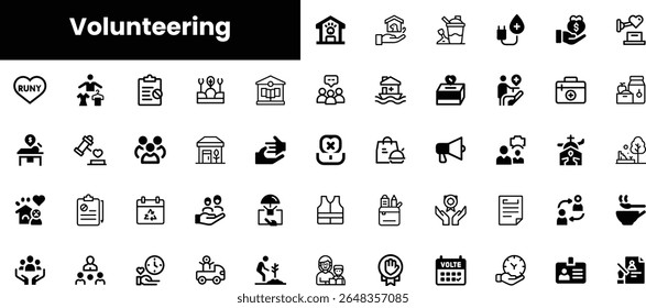 A diverse array of volunteering icons featuring various community support activities and services, showcasing inclusivity and collaboration in black and white.