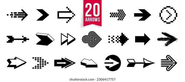 Diverse arrow cursors vector set, different shapes styles and concepts arrows single color monochrome graphic design elements for icons or logos.