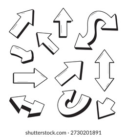 Diverse arrows in various directions pointing up down left and right on a clean white background illustration