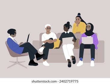 A diverse assembly of women gathered together on a sofa, engaging in animated discussions about a project they are collaboratively working on