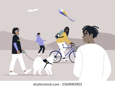 A diverse assembly of young individuals strolls through the park, partaking in an array of quintessential summer pastimes, including cycling and flying kites