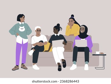 A diverse assembly of young women gathered together on a sofa, engaging in animated discussions about a project they are collaboratively working on